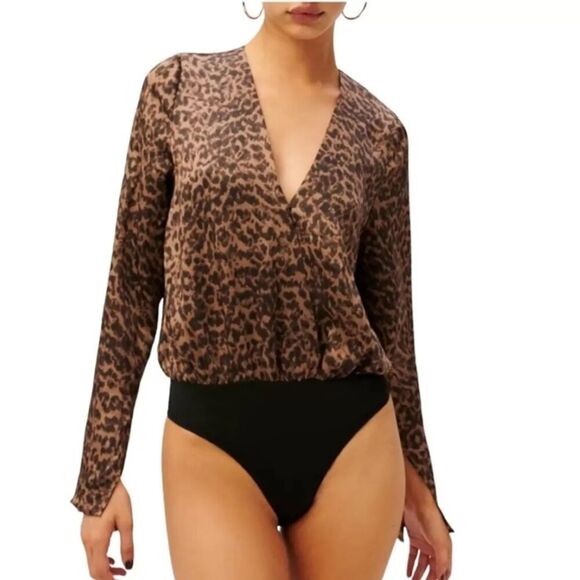 Good American Leopard Print Flowing Faux Wrap Bodysuit - Picture 1 of 15